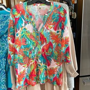 Palm Harbor Top PL Floral Tropical Hawaiian Palm Leaf 3/4 sleeve